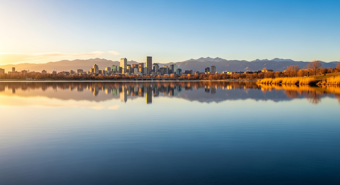 Sloan's Lake Denver at golden hour with the downtown skyline and mountains reflected in calm water